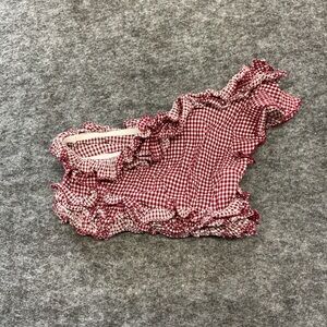 Lovers + Friends Red Gingham Ruffle Single Shoulder Crop Top BBB